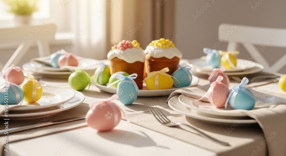 Obraz premium Festive Easter Table Setting with Pastel Eggs and Decorated Cakes