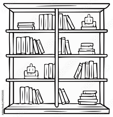 Clean black and white line art drawing of a bookcase stocked with books and abstract decor