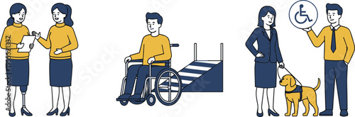 Cartoon accessibility illustration with prosthetic leg, wheelchair ramp, guide dog, and disability inclusion design