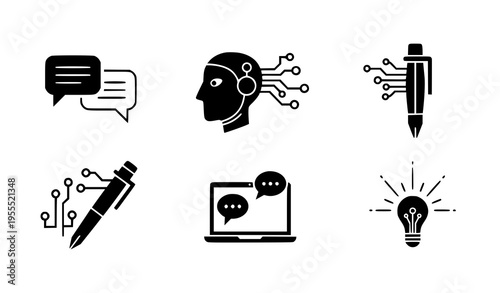 Artificial Intelligence and Communication Icon Set with Chat Bubbles, AI Head, Smart Pen, Laptop Messaging, and Idea Lightbulb for Technology and Innovation Design