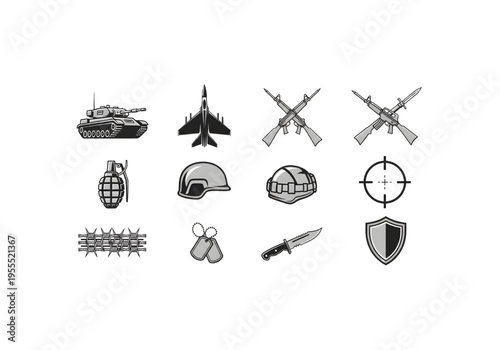 Military and army tactical icon set grey png on transparent background