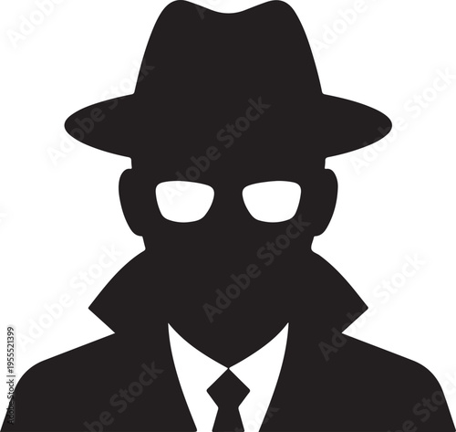 Silhouette of a mysterious spy or detective wearing a fedora and trench coat