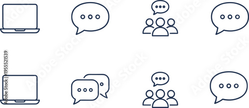 Cartoon communication and technology icon illustration with laptop, speech bubbles, and group chat design