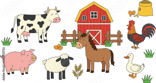 Cartoon farm animal illustration with barn, cow, pig, sheep, horse, rooster, duck, and agriculture elements