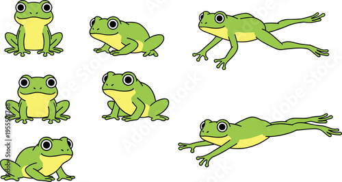 Cartoon frog movement illustration showing jumping and swimming motion stages for animal locomotion design