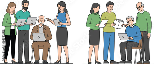 Cartoon intergenerational collaboration illustration with younger adults supporting seniors using laptops and documents for teamwork design