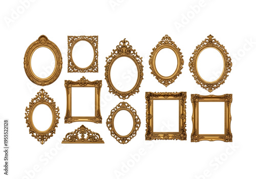 Gold vintage ornate picture frames set, antique baroque border collection png on transparent background