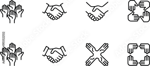 Cartoon teamwork and unity icon illustration with handshake, raised hands, and group support design