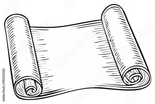 Ancient scroll unrolled in black and white ink drawing style