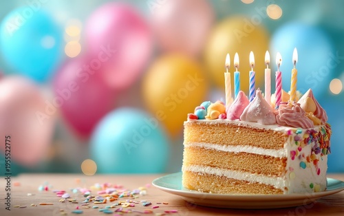 Delicious Slice of Birthday Cake with Lit Candles and Balloons