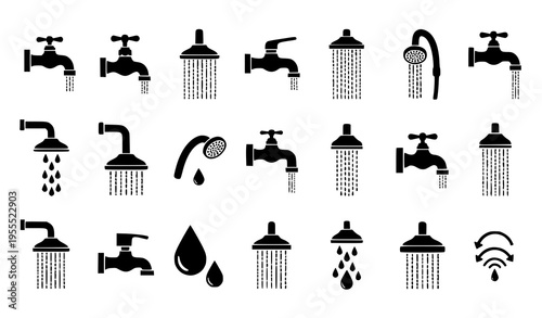 Shower and Water Tap Icon Set with Faucet, Droplet, and Bathroom Spray Symbols for Plumbing, Hygiene, Sanitation, and Household Utility Design