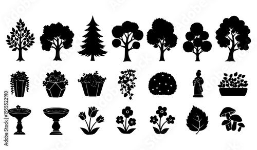 Tree and Garden Silhouette Icon Set with Various Plants, Flowers, Pots, and Outdoor Nature Elements for Landscaping, Gardening, and Environmental Design