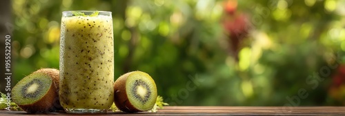 Fresh Kiwi Fruit Smoothie on Wooden Table in Outdoor Garden
