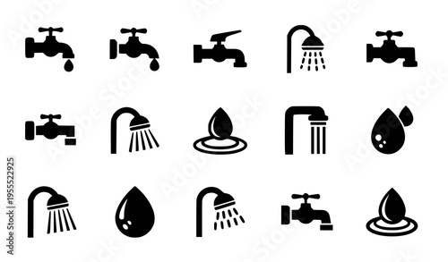 Water Tap and Shower Icon Set with Faucet, Droplet, and Bathroom Symbols for Plumbing, Sanitation, Hygiene, and Household Utility Design