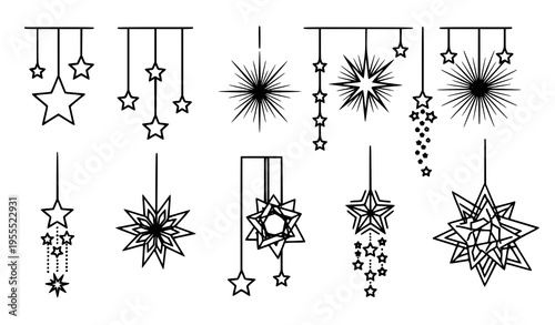 Hanging Star Ornament Icon Set with Decorative Geometric Stars and Starburst Designs for Christmas, Holiday Decoration, Festive Celebration, and Graphic Elements
