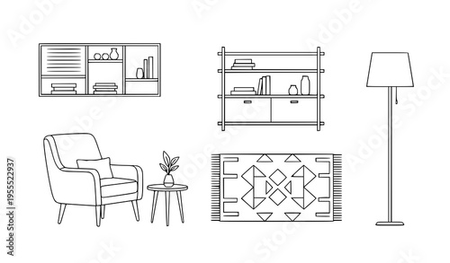Living Room Interior Line Icon Set with Armchair, Floor Lamp, Wall Shelves, Coffee Table, and Decorative Elements for Home Decor and Modern Design Illustration