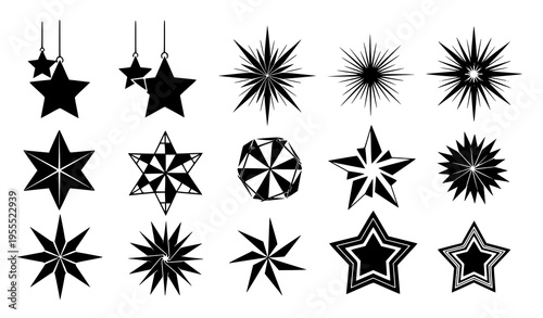 Star Shape Icon Set with Decorative Hanging Stars, Geometric Starburst Symbols for Christmas, Holiday Decoration, Celebration Design, and Festive Graphic Elements
