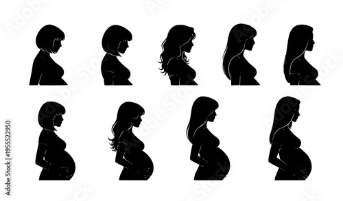 Pregnant Woman Silhouette Collection with Female Profiles in Different Pregnancy Stages for Maternity, Motherhood, Healthcare, and Family Lifestyle Design