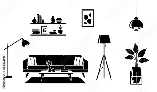 Modern Living Room Interior Illustration with Sofa, Floor Lamps, Wall Shelves, Coffee Table, and Indoor Plant for Home Decor and Furniture Design Concepts
