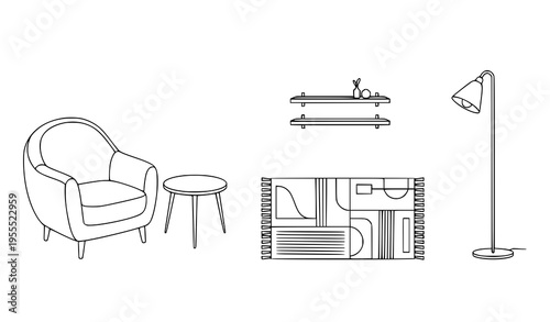 Home Furniture Line Icon Set with Armchair, Stool, Floor Lamp, Wall Shelf, and Interior Layout Elements for Modern Living Room and Home Design Illustration