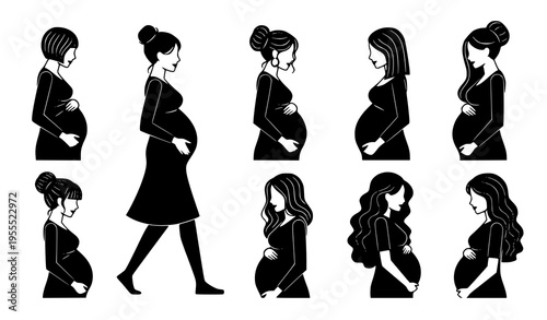 Pregnant Woman Silhouette Icon Set with Expecting Mothers in Different Poses for Maternity, Pregnancy Care, Healthcare, and Family Lifestyle Illustration