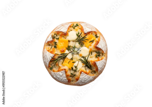 Artisan Round Bread Loaf with Melted Cheese and Rosemary Herbs PNG on Transparent Background