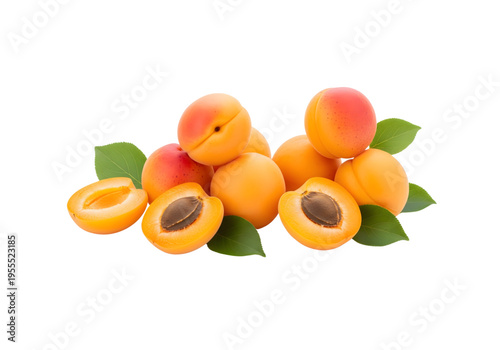 Organic apricot fruit group with green leaves orange png on transparent background