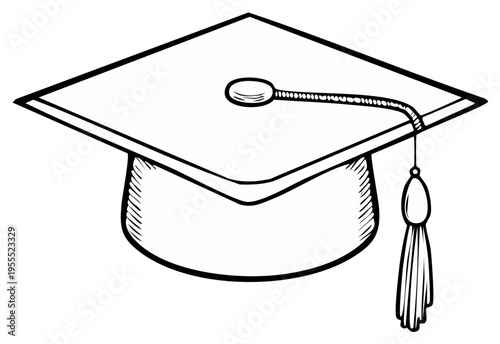 Graduation cap mortarboard with tassel hand drawn black and white line art illustration