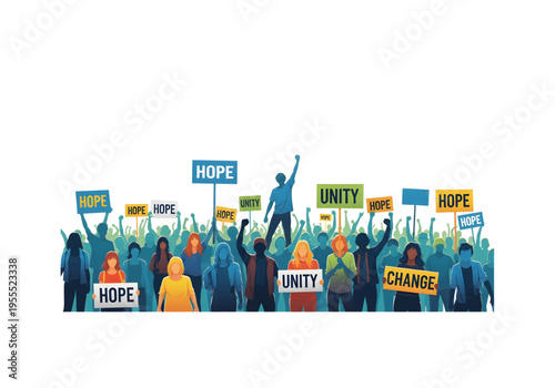 Crowd of people protesting for hope unity and change colorful png on transparent background