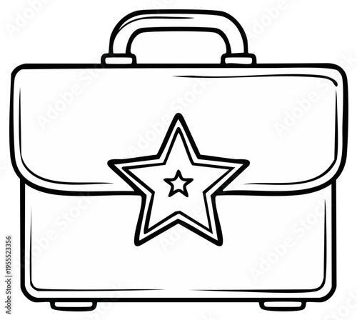 Hand Drawn Business Briefcase with Star Icon Emblem. Isolated Professional Baggage Illustration