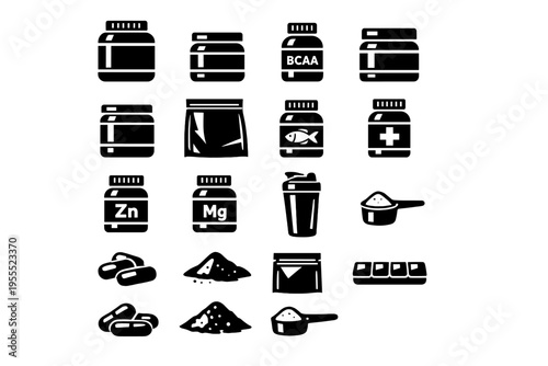 Sports Supplements and Vitamins Icons Set – Black Silhouette Vector Icons