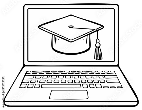 Laptop displaying graduation cap for online education and distance learning concept