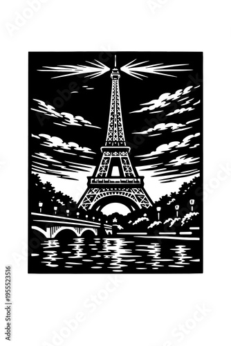 Eiffel Tower Linocut Style - Black and White Paris Landmark Illustration with Seine River and Dramatic