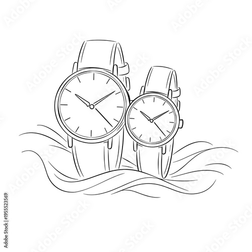 Two Elegant Wristwatches Emerging from Water – Minimal Line Art Illustration