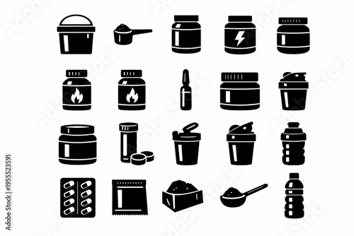 Fitness Supplements Icons Pack - Protein Jar, Pre-Workout, Creatine, Shaker, Scoop