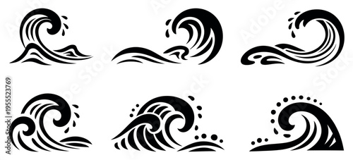 Ocean wave vector icons in minimalist black silhouette style, showing breaking waves for sea, surfing, coastal, and water movement concepts, clean vector illustration