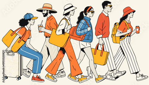 Group of Diverse People Traveling with Luggage and Bags in Flat Vector Style, Trendy Men and Women on Vacation for Tourism Marketing and Travel Agency Branding