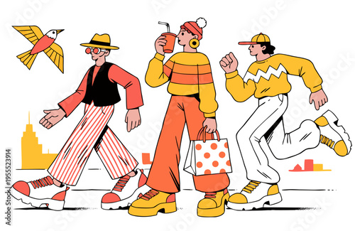 Young Diverse People Walking and Shopping in the City, Retro Vector Illustration for Urban Lifestyle Branding, Retail Marketing, and Gen Z Fashion Trends