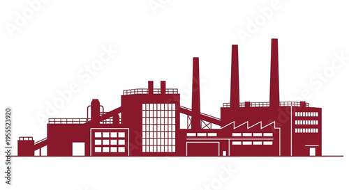 Industrial Factory Building Silhouette. Maroon Manufacturing Plant with Smokestacks and Chimneys. Minimalist Vector Illustration for Energy, Production, and Industry.