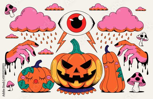 Retro Surreal Halloween Vector Illustration with Jack-o-lanterns, All-Seeing Eye, and Melting Hands for Edgy Streetwear Design, Party Posters, and Spooky Seasonal Marketing