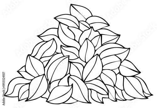 Hand drawn outline of a triangular pile of leaves. Simple black and white nature illustration for coloring.