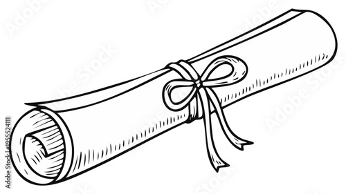 Hand drawn rolled paper scroll or diploma tied with a ribbon bow line art illustration