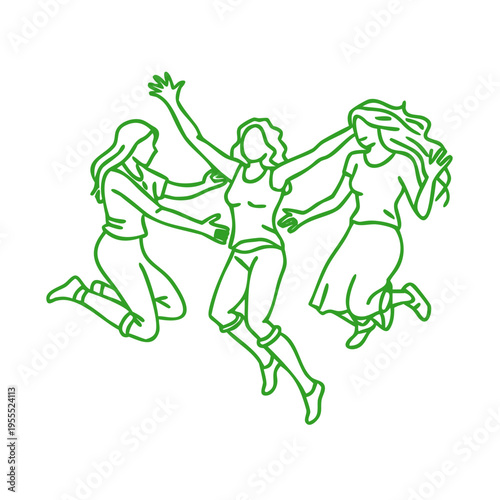 Joyful women jumping and celebrating together in a vibrant neon outline