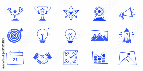 Collection of blue line icons representing success achievement and innovation