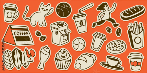A playful collection of illustrated food and drink stickers in warm tones