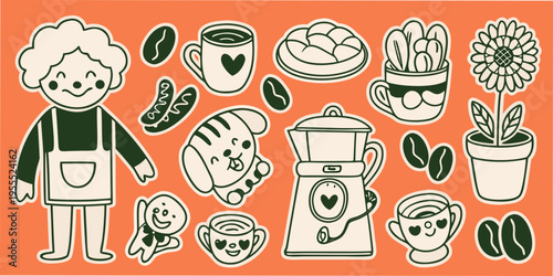 A charming illustration of coffee flowers and a smiling barista character