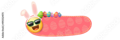 Easter pink horizontal banner with happy emoji mascot. Easter Smiling character with sunglasses and bunny ears, colorful eggs and text space on white background. Festive spring vector illustration
