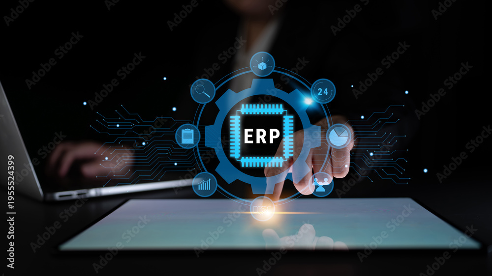 Naklejka premium Enterprise Resource Planning (ERP) system for business process management. This ERP software solution integrates core business functions for efficiency. Motif