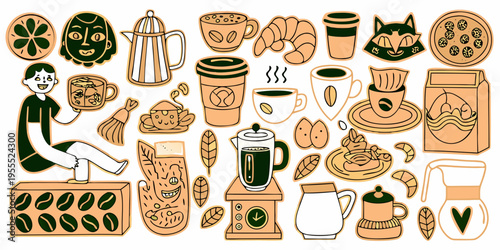 A whimsical illustration featuring coffee pastries and charming doodle elements