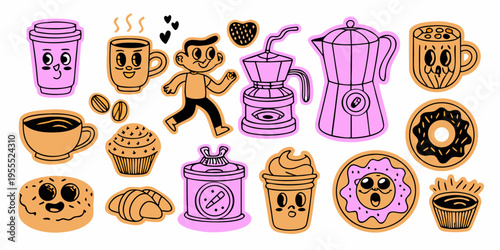 Colorful cartoon illustration of coffee pastries and brewing equipment